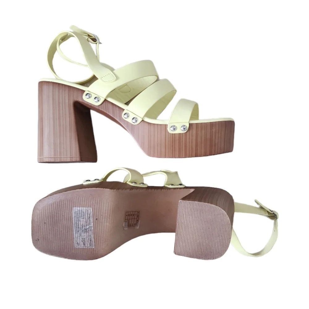 Forever 21 Strappy Block Heel Platform Sandals Size 9 Yellow Ankle Strap Light.
